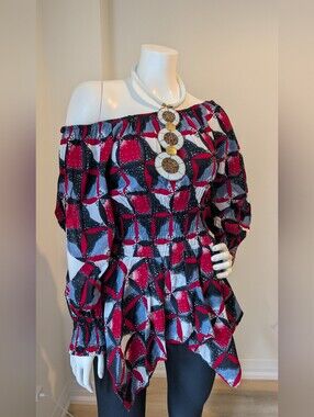 Girls Off-Shoulder Peplum Top in Red, Black & Gray